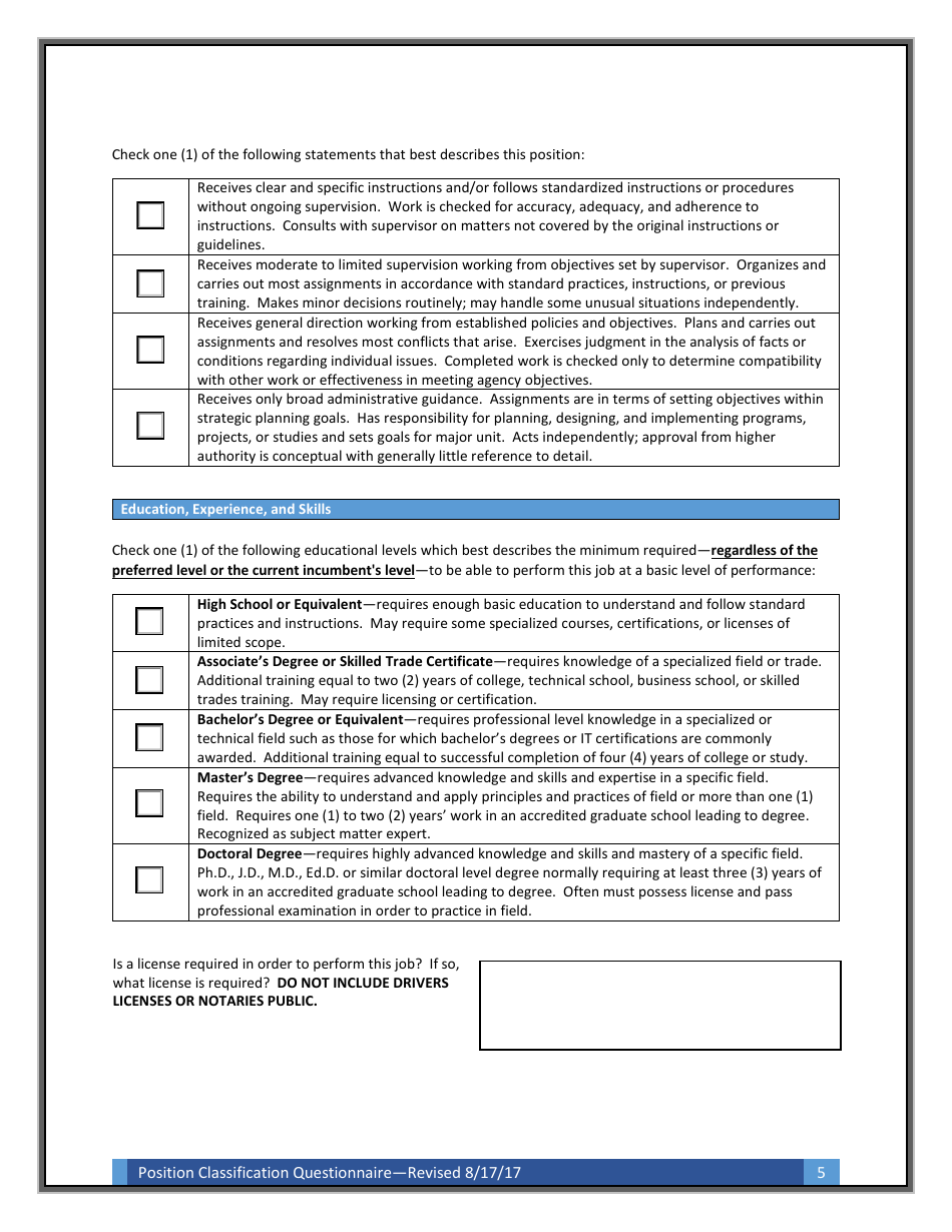 Position Classification Questionnaire Form - Arkansas, Page 5