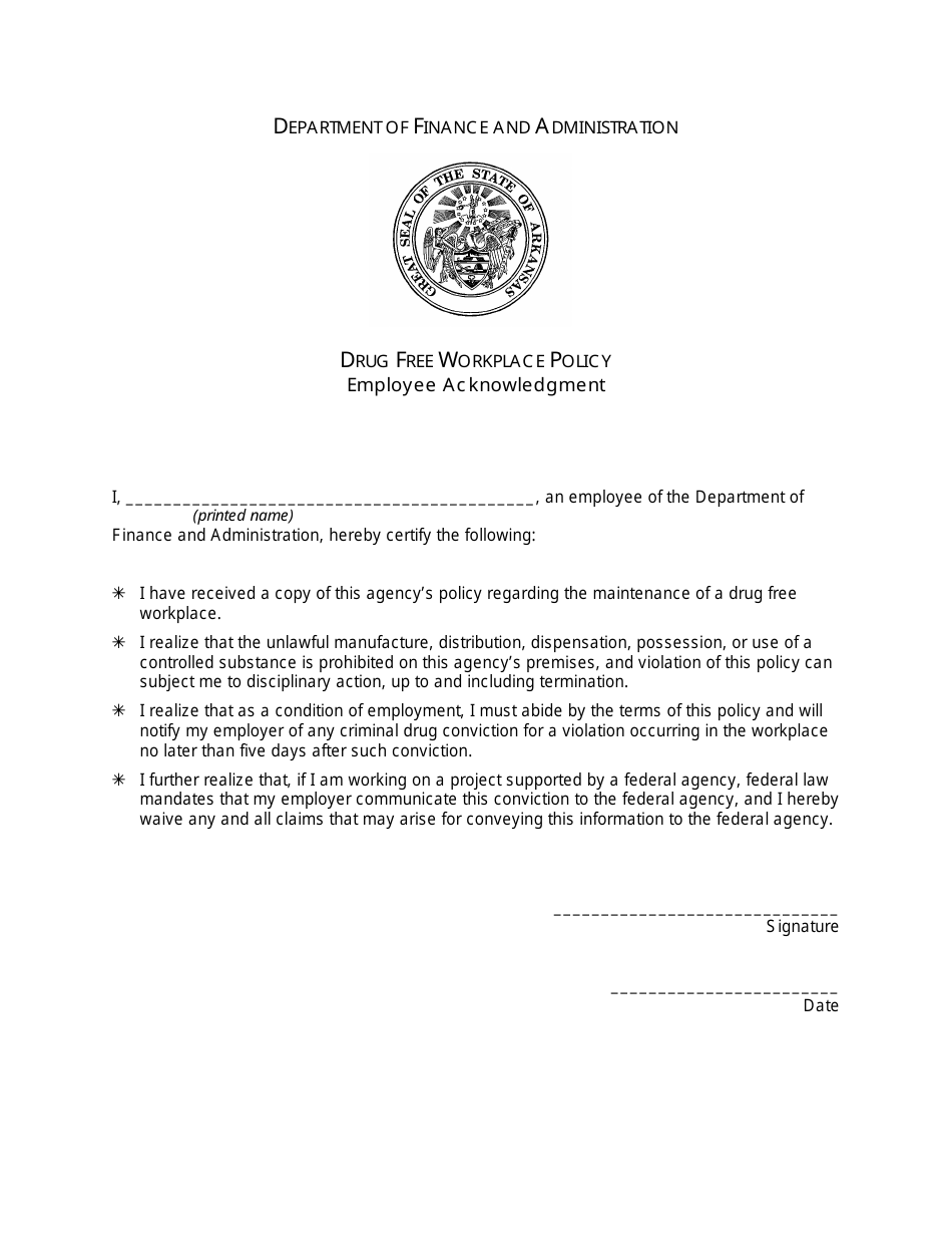 Drug Free Workplace Policy Employee Acknowledgement Form - Arkansas, Page 1