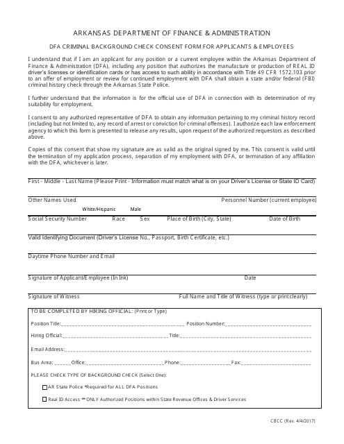Form CBCC Dfa Criminal Background Check Consent Form for Applicant and Employees - Arkansas