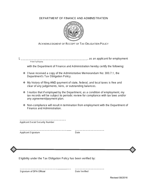 &quot;Acknowledgment of Receipt of Tax Obligation Policy&quot; - Arkansas Download Pdf