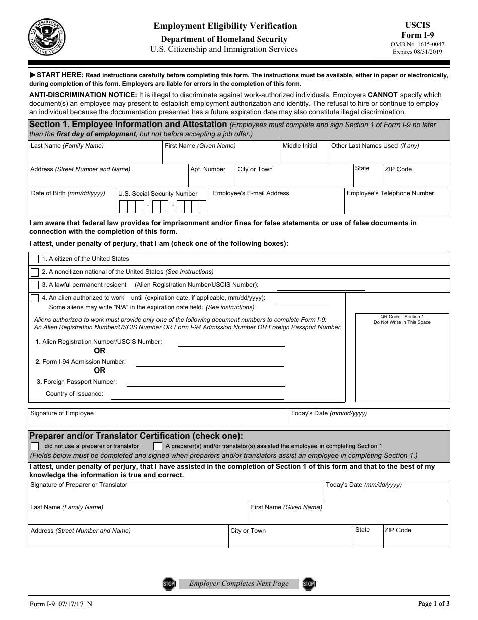 USCIS Form I-9 Employment Eligibility Verification, Page 1