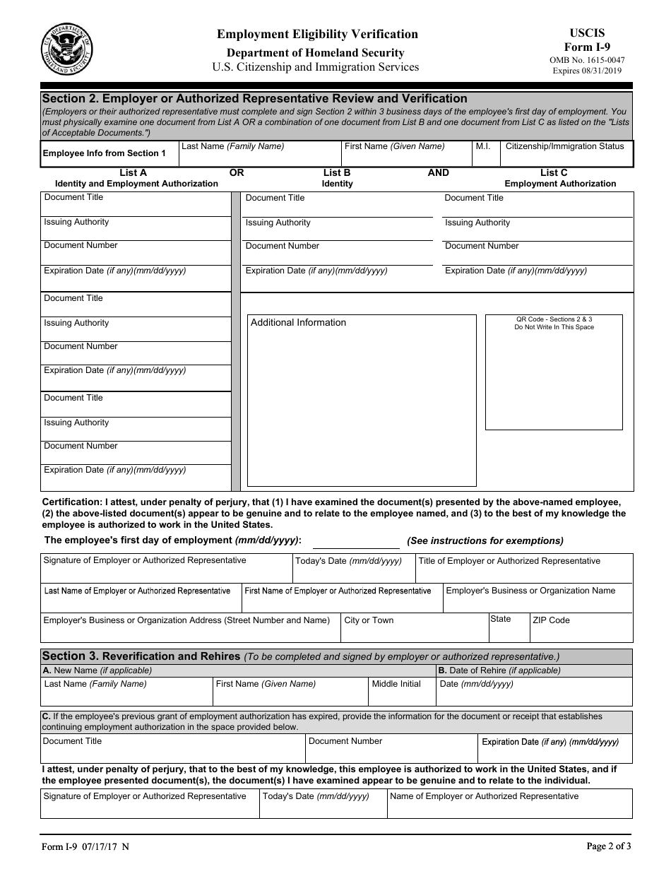 USCIS Form I-9 Employment Eligibility Verification, Page 2