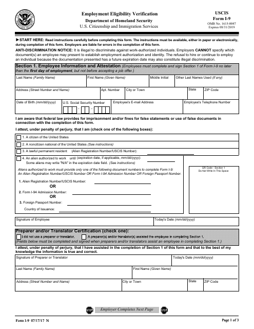 USCIS Form I-9  Printable Pdf