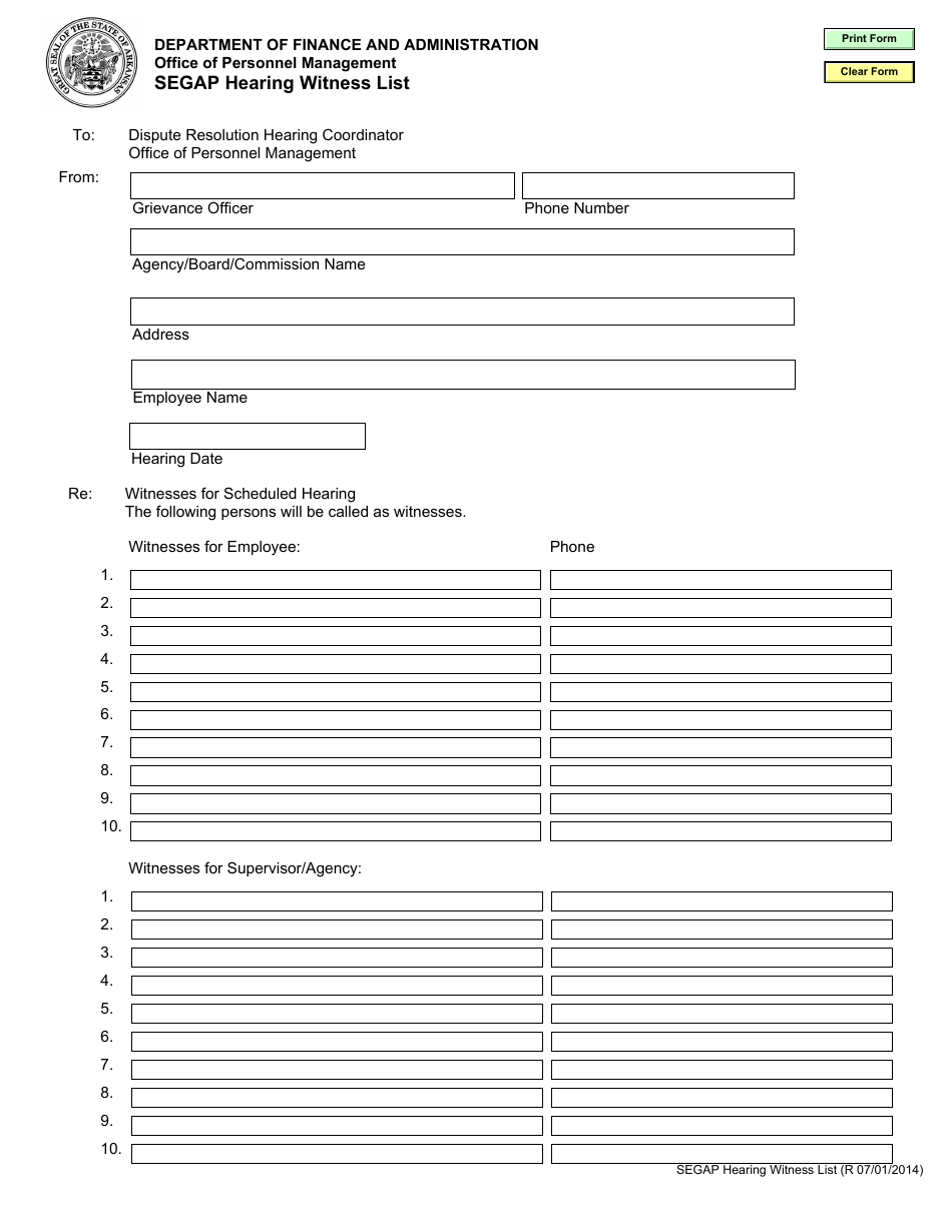 Segap Hearing Witness List Form - Arkansas, Page 1