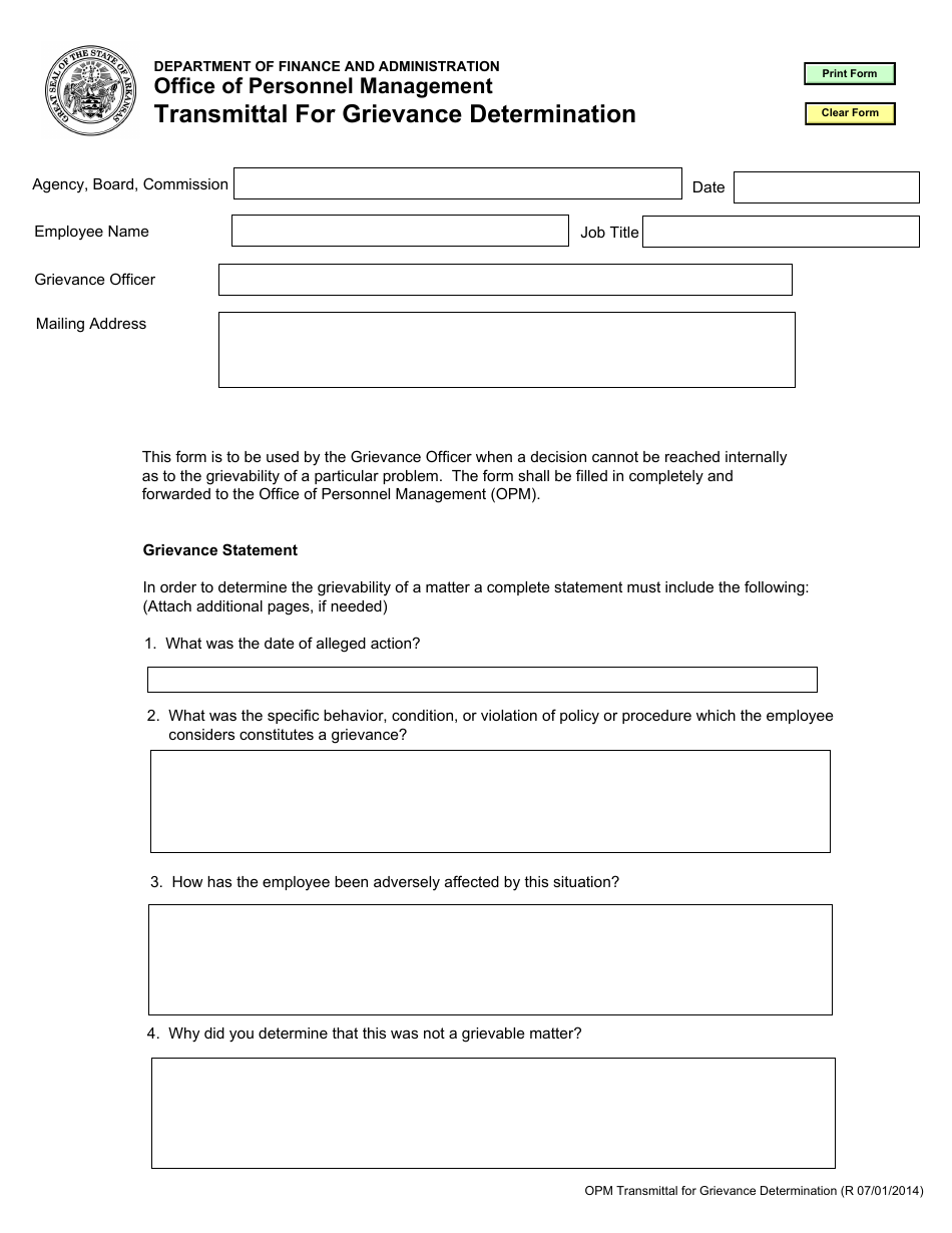 Transmittal Form for Grievance Determination - Arkansas, Page 1