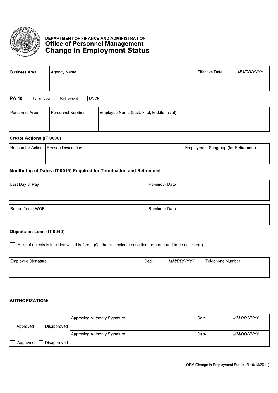 Change in Employment Status Form - Arkansas, Page 1