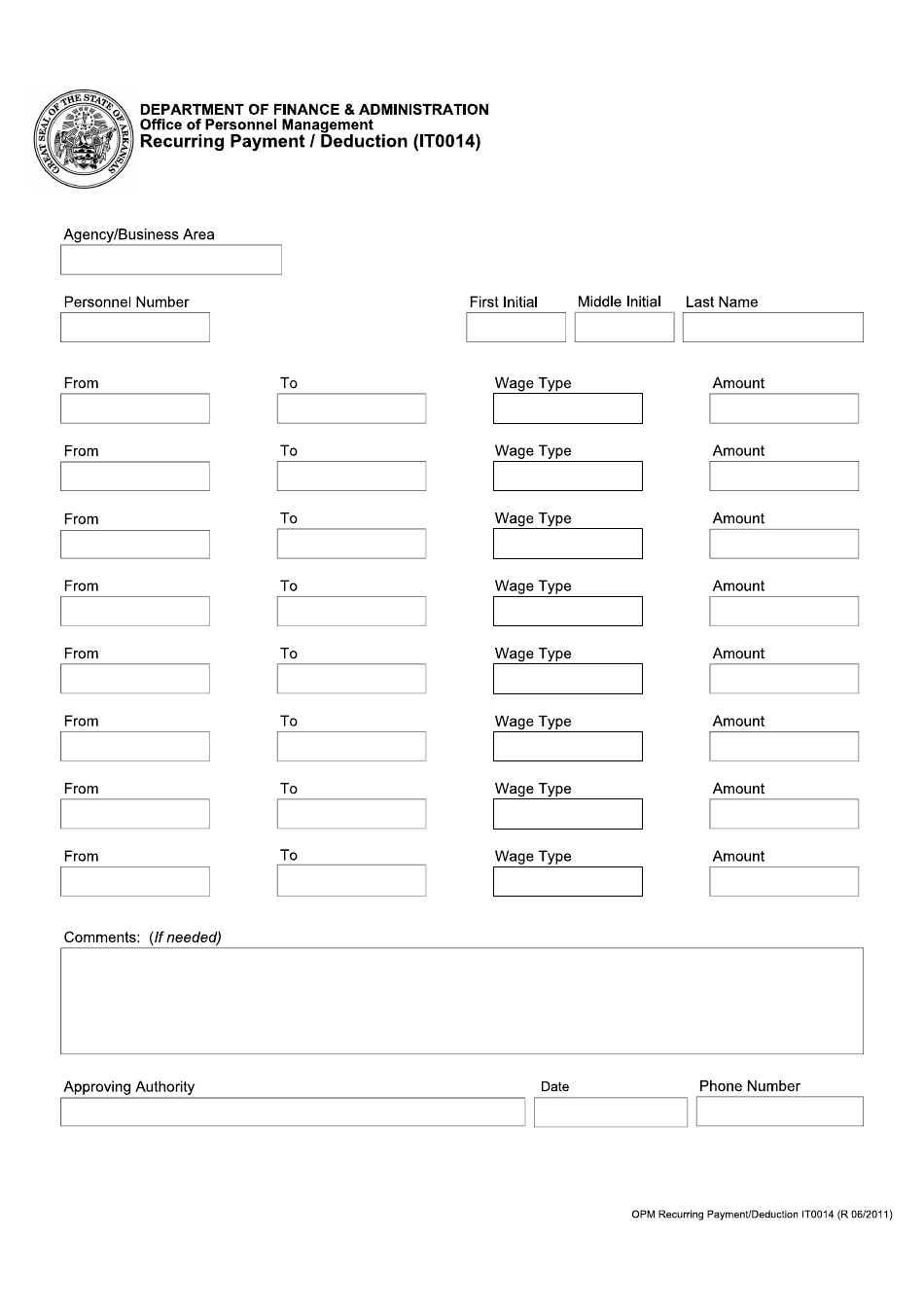 Recurring Payment / Deduction Form (It0014) - Arkansas, Page 1