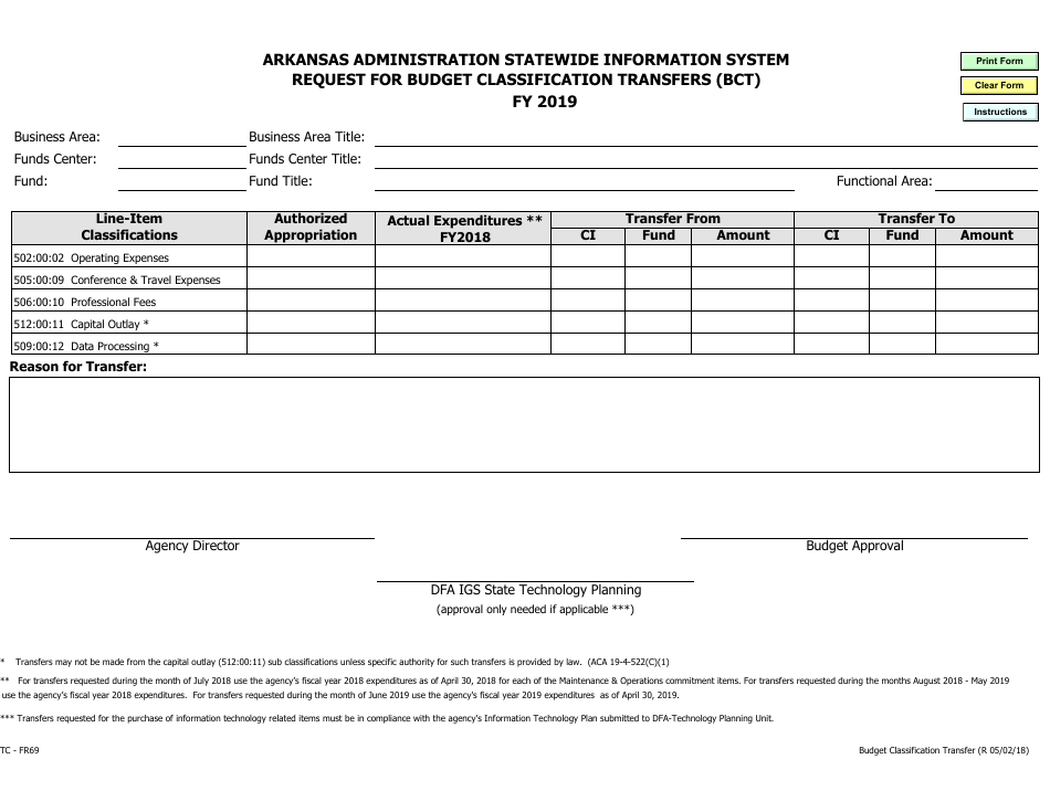 Form TC-FR69 Aasis Request for Budget Classification Transfers (Bct) - Arkansas, Page 1