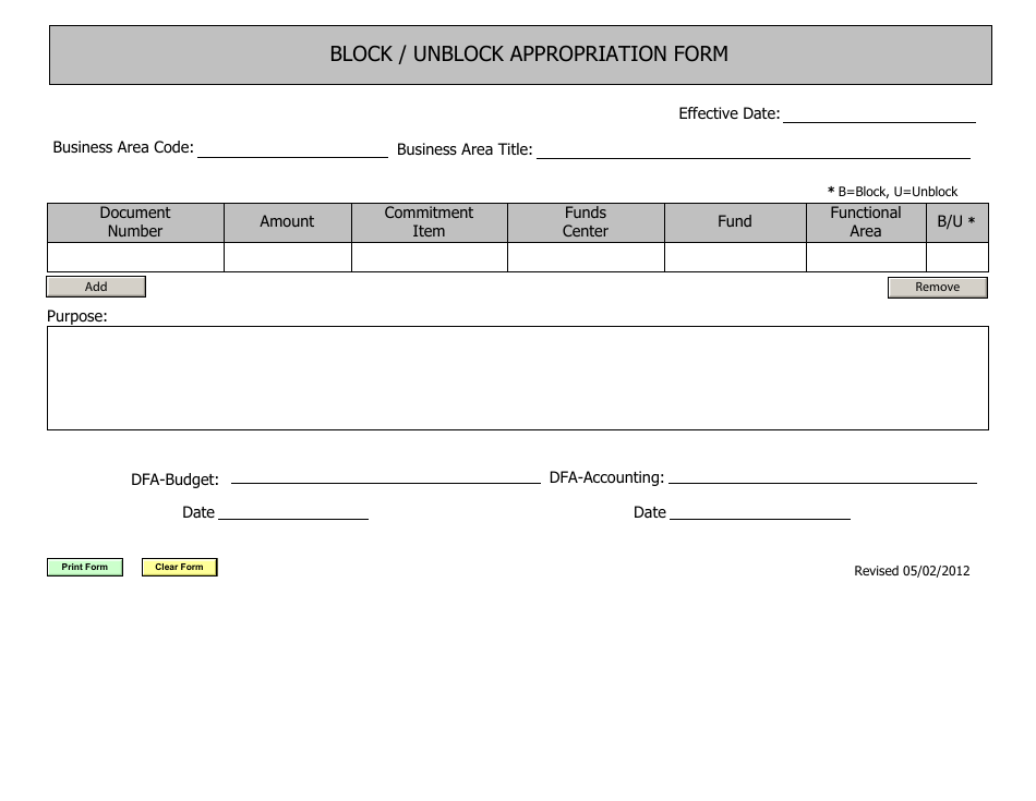 Block / Unblock Appropriation Form - Arkansas, Page 1