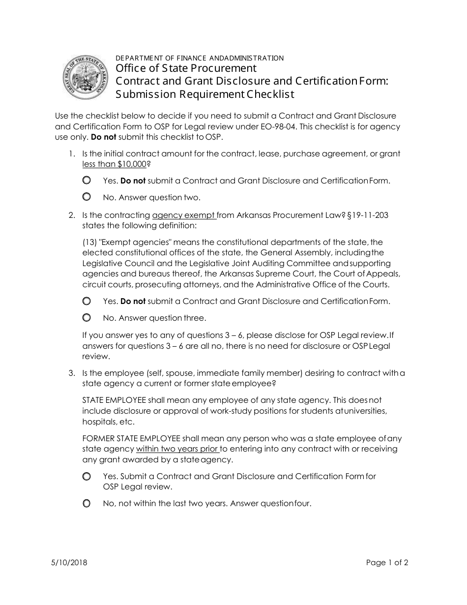 Contract and Grant Disclosure and Certification Form - Submission Requirement Checklist - Arkansas, Page 1