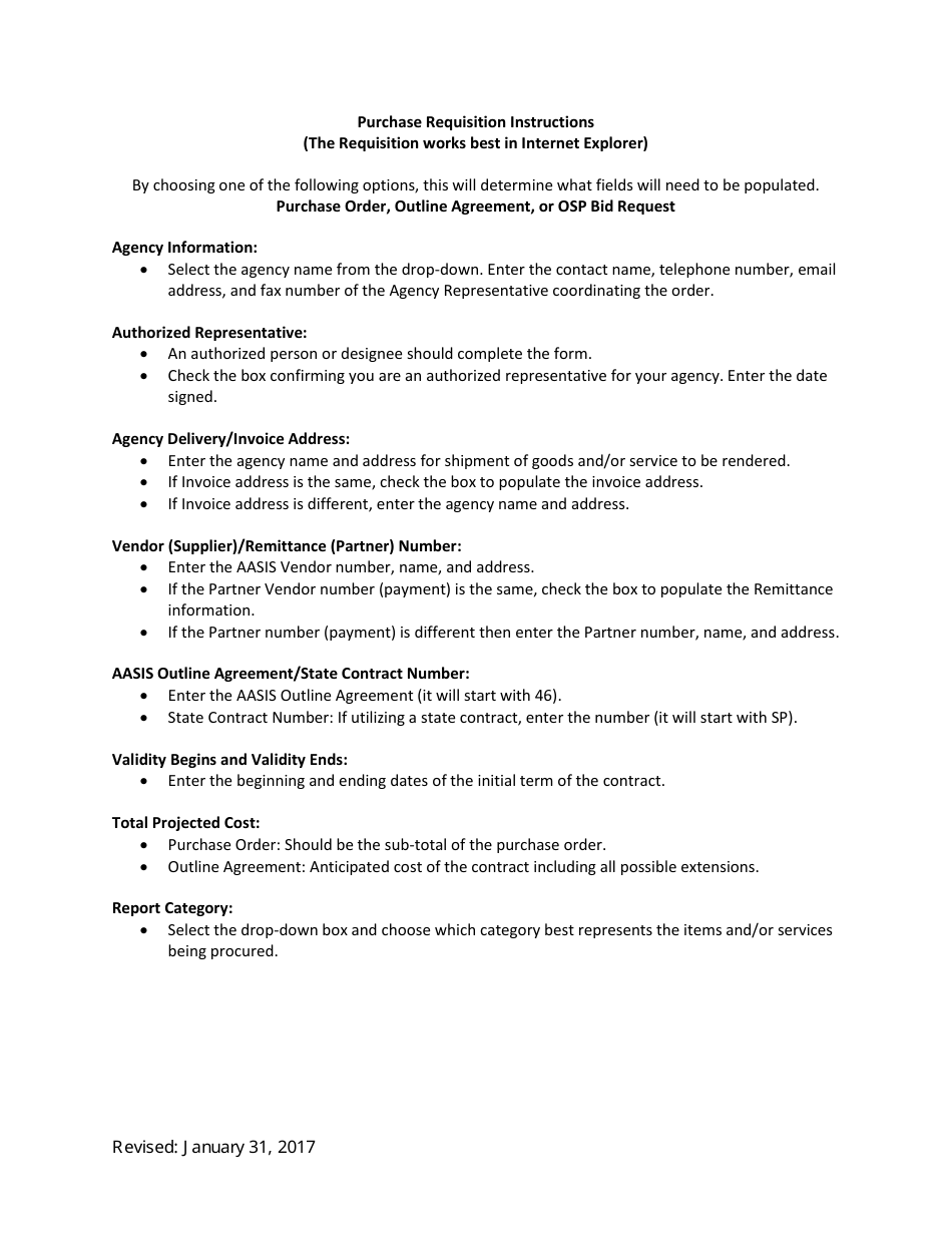 Instructions for Service Bureau Purchase Requisition Form - Arkansas, Page 1