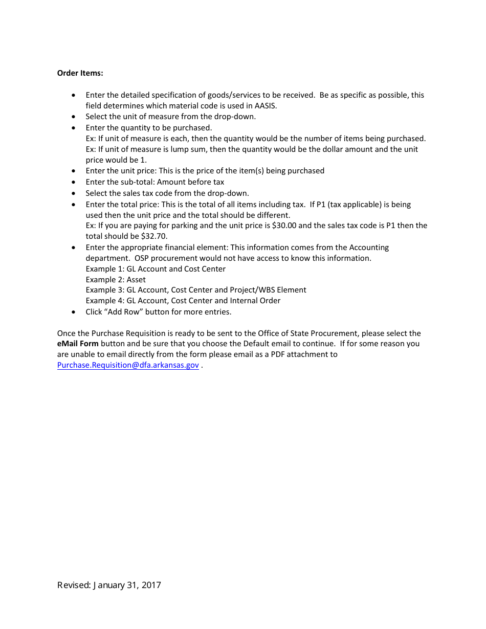 Instructions for Service Bureau Purchase Requisition Form - Arkansas, Page 2