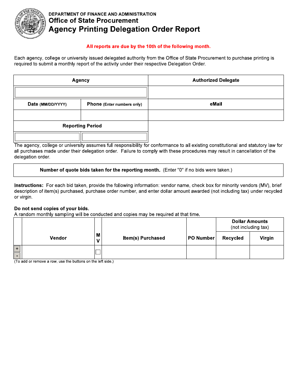 Arkansas Agency Printing Delegation Order Report Fill Out, Sign