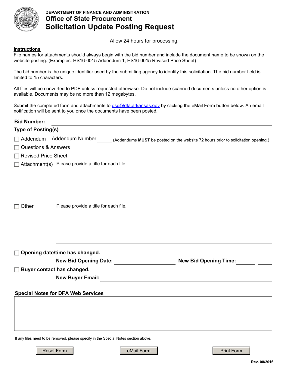 Solicitation Update Posting Request Form - Arkansas, Page 1