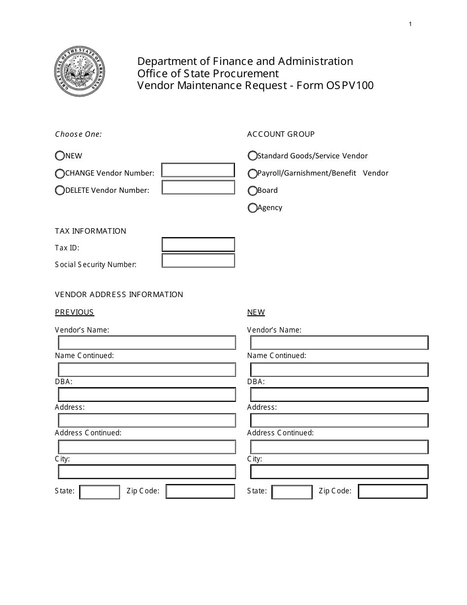 Form OSPV100 Vendor Maintenance Request - Arkansas, Page 1