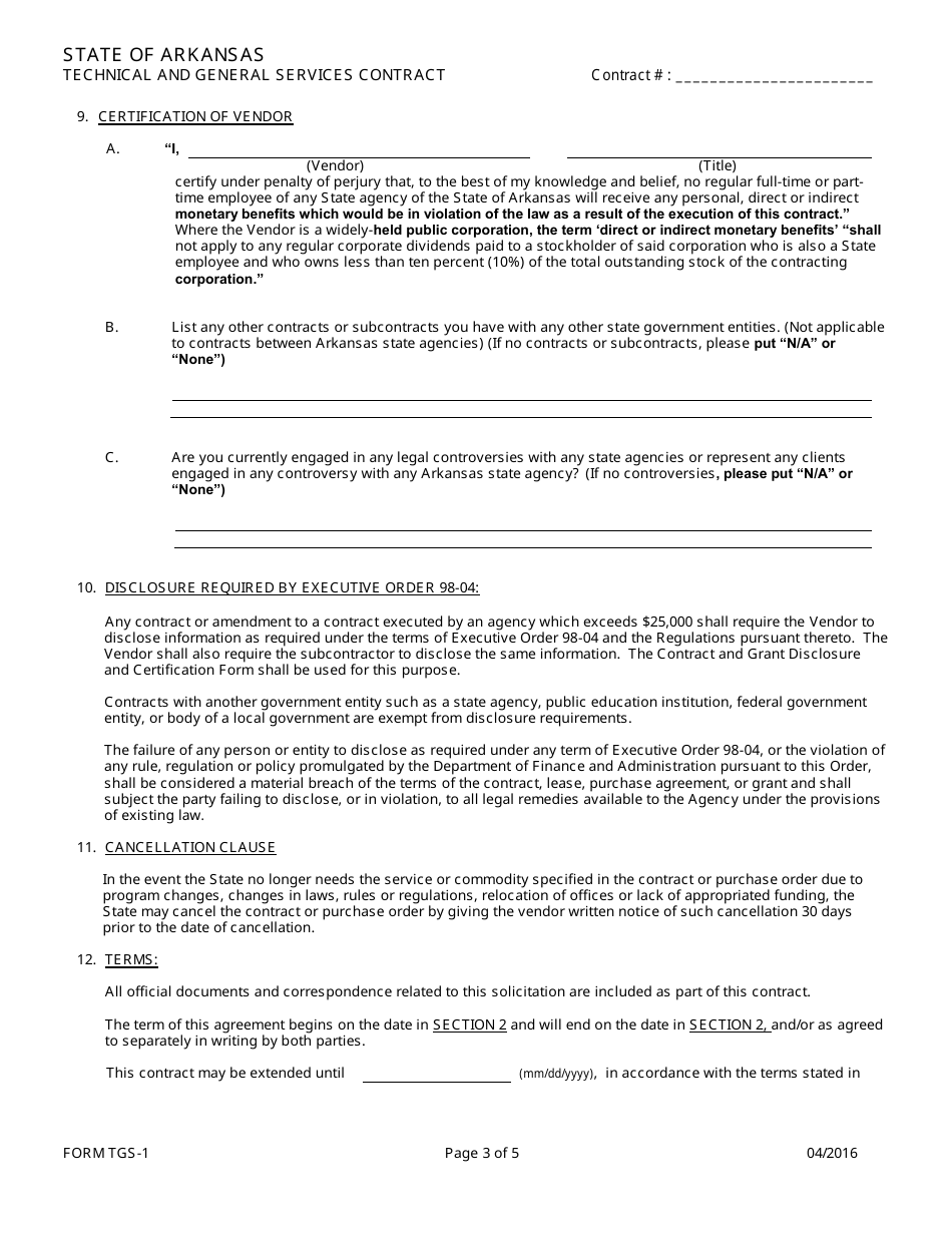 Form TGS-1 Technical and General Services Contract - Arkansas, Page 3