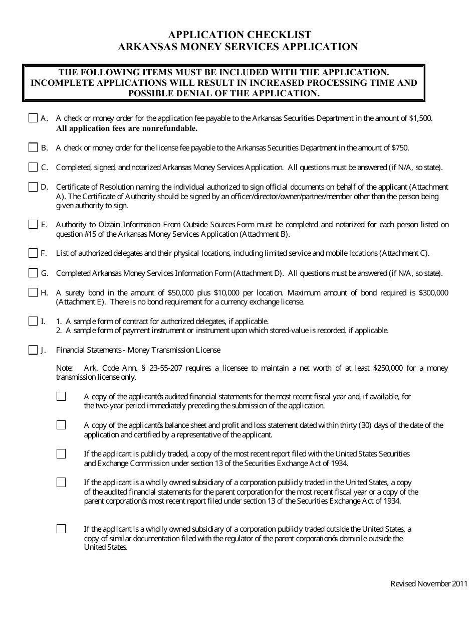Application Checklist for Arkansas Money Services Application Form - Arkansas, Page 1