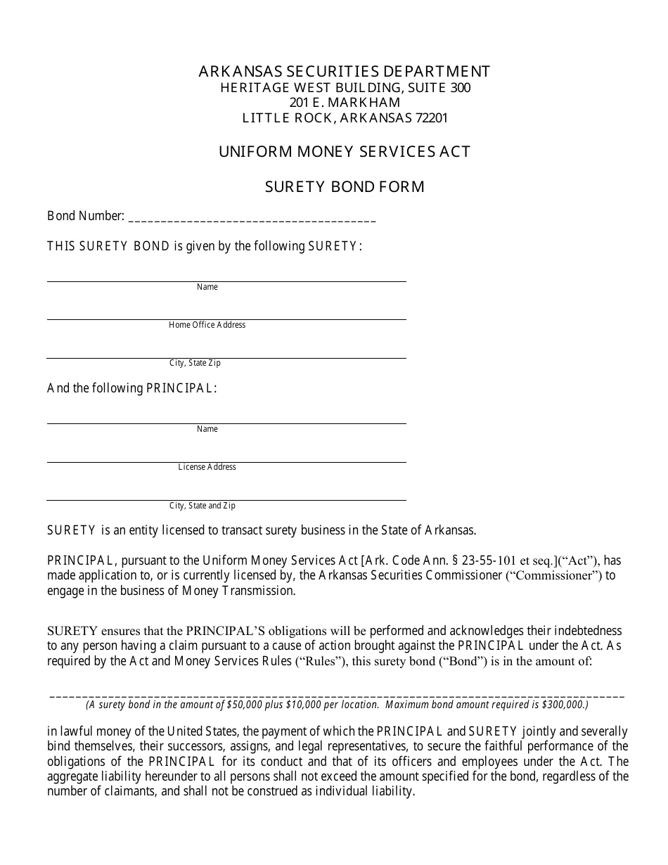 Arkansas Arkansas Surety Bond Fill Out, Sign Online and Download PDF
