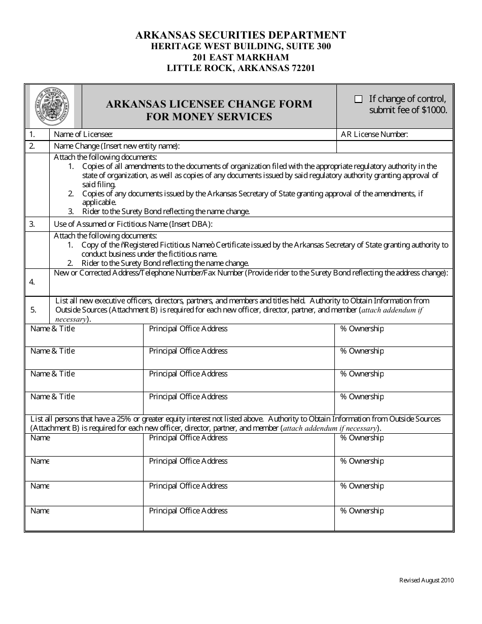 Arkansas Licensee Change Form for Money Services - Arkansas, Page 1