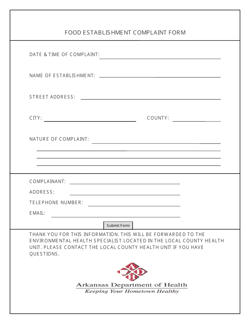 Arkansas Food Establishment Complaint Form Download Fillable PDF ...