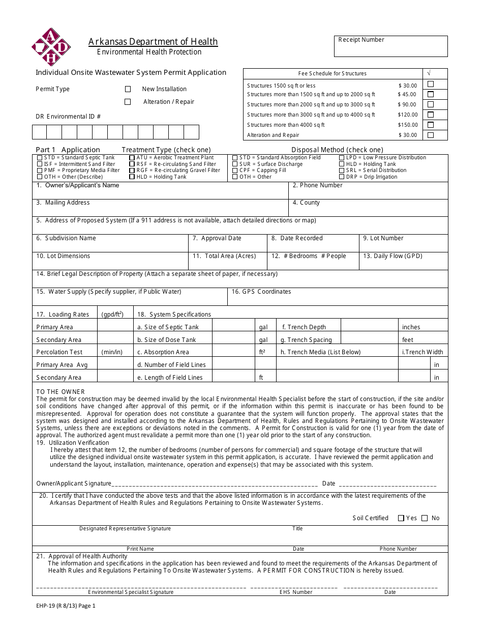 Form EHP-19 Individual Onsite Wastewater System Permit Application - Arkansas, Page 1