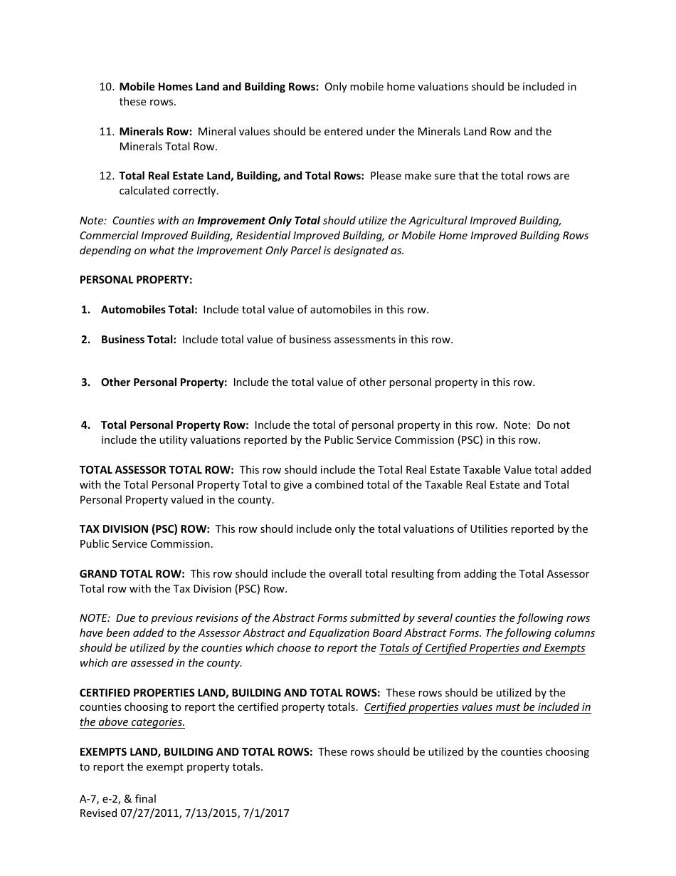 Download Instructions for Form A7, E2, FINAL Assessor's Abstract