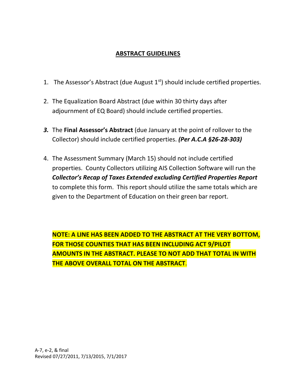 Instructions for Form A-7, E-2, FINAL Assessors Abstract, Equalization Board Abstract, and Final Abstract - Arkansas, Page 4