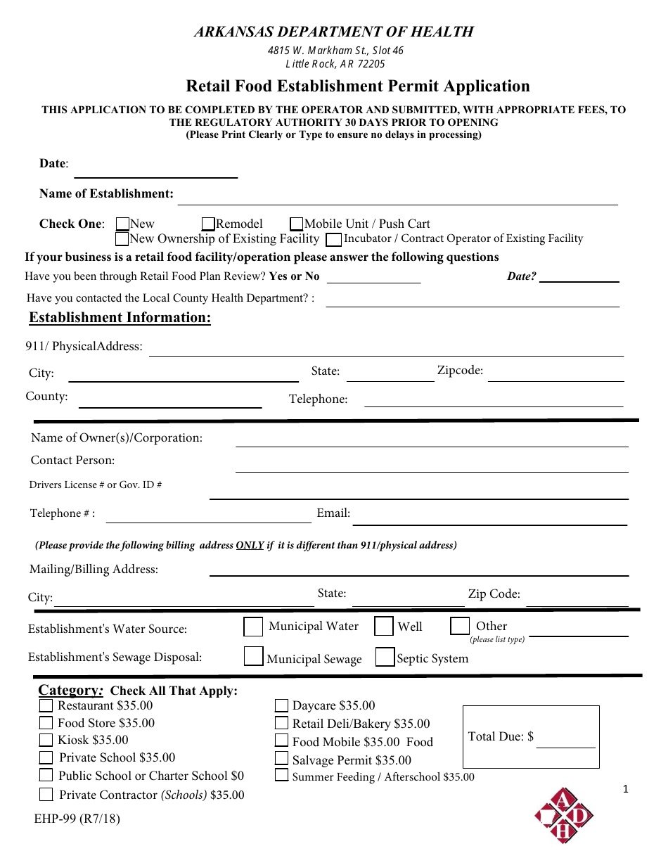 Form EHP-99 Retail Food Establishment Permit Application - Arkansas, Page 1