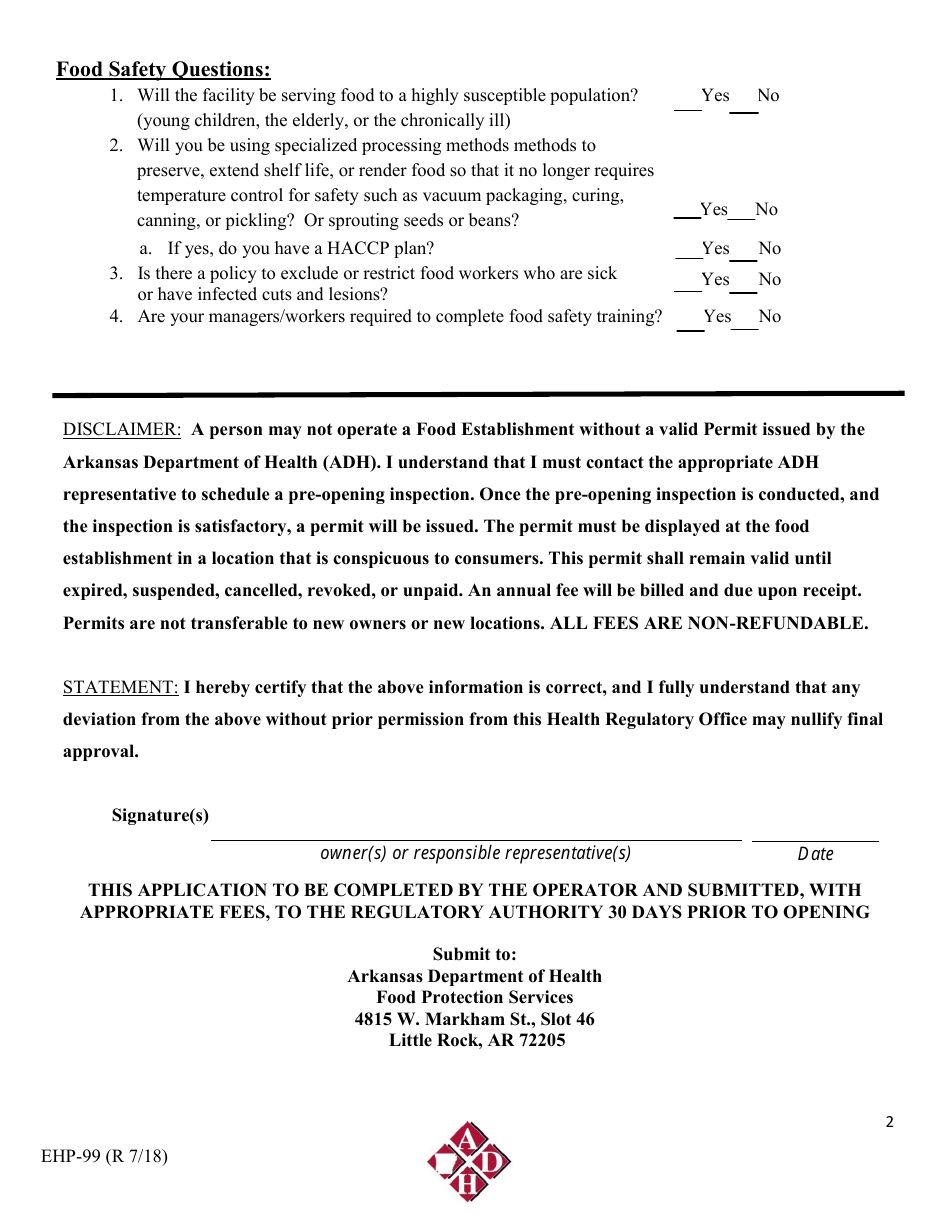 Form EHP-99 Retail Food Establishment Permit Application - Arkansas, Page 2