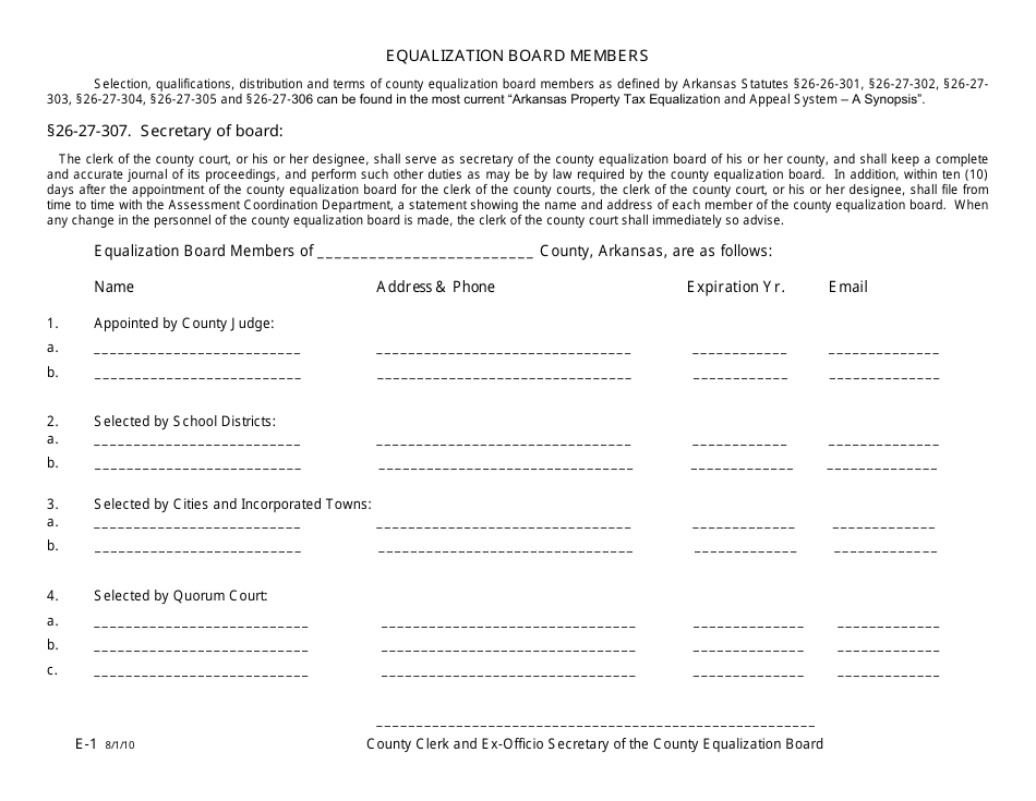 Form E-1 Equalization Board Members and Addresses - Arkansas, Page 1