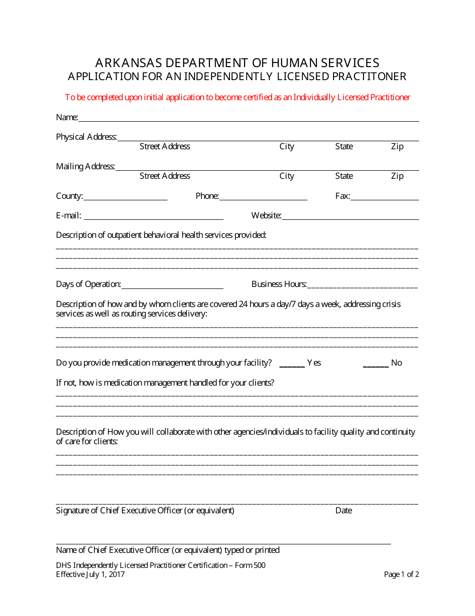 Form 500 Application for an Independently Licensed Practitioner - Arkansas, Page 1