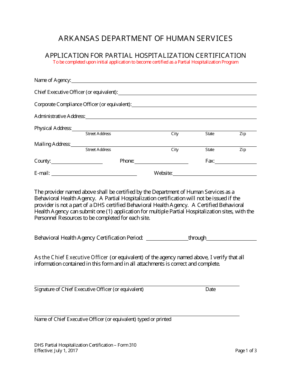 Form 310 Application for Partial Hospitalization Certification - Arkansas, Page 1