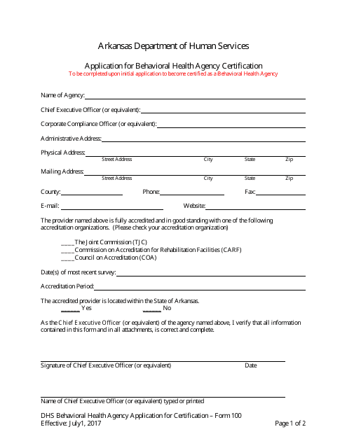 Form 100 Application for Behavioral Health Agency Certification - Arkansas
