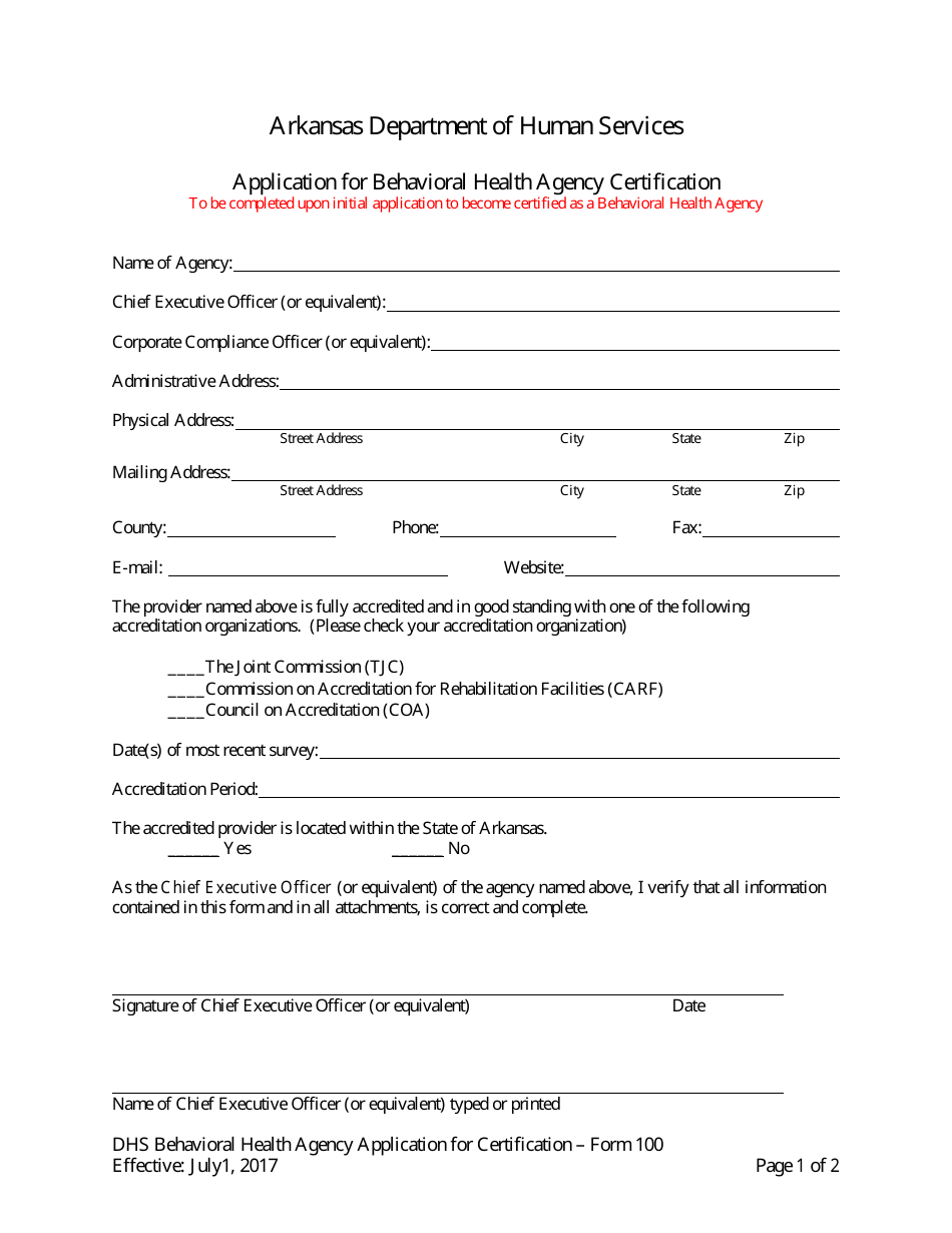Form 100 Application for Behavioral Health Agency Certification - Arkansas, Page 1