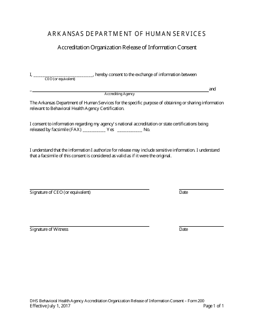 Form 200 Accreditation Organization Release of Information Consent - Arkansas