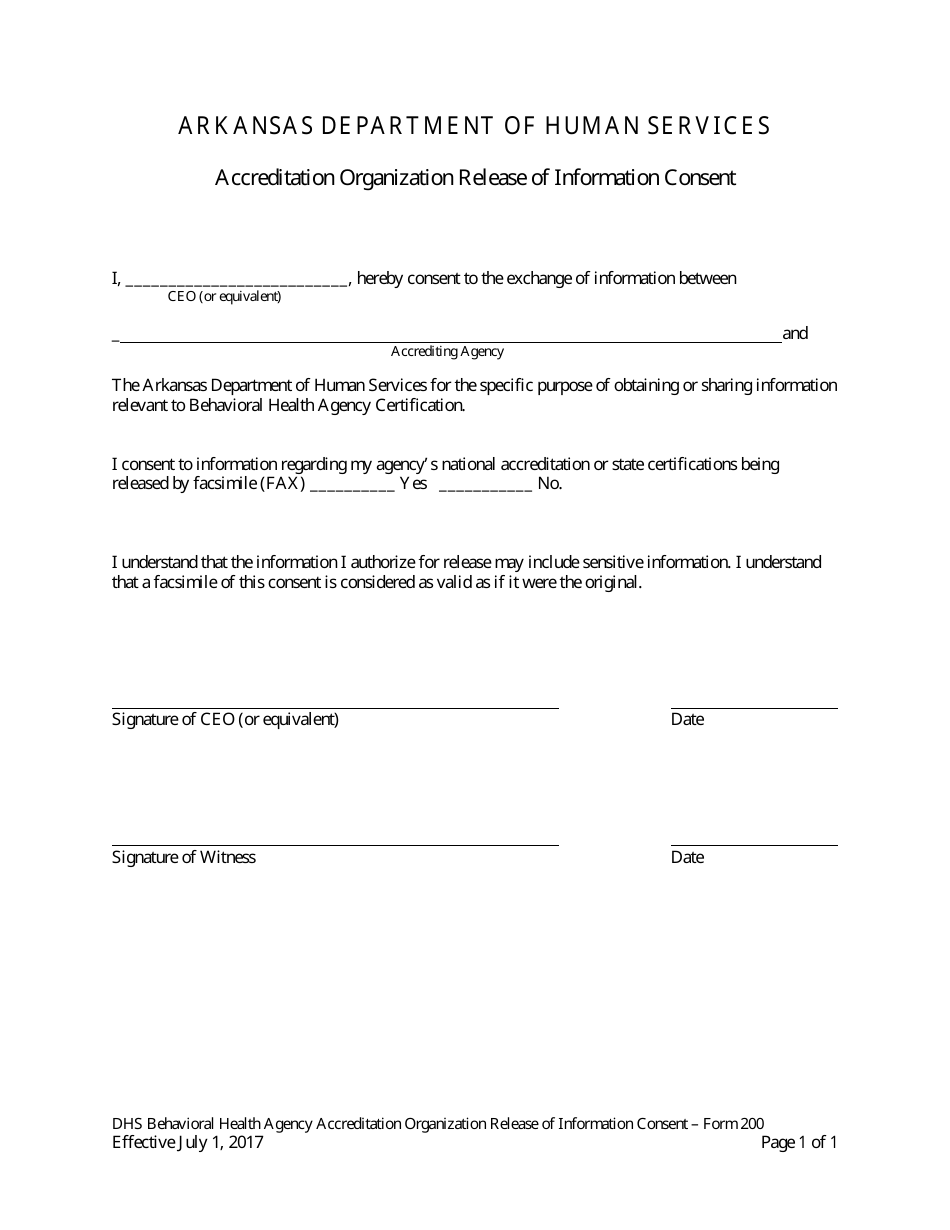 Form 200 Accreditation Organization Release of Information Consent - Arkansas, Page 1