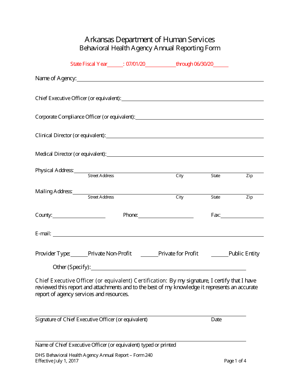 Form 240 Behavioral Health Agency Annual Reporting Form - Arkansas, Page 1
