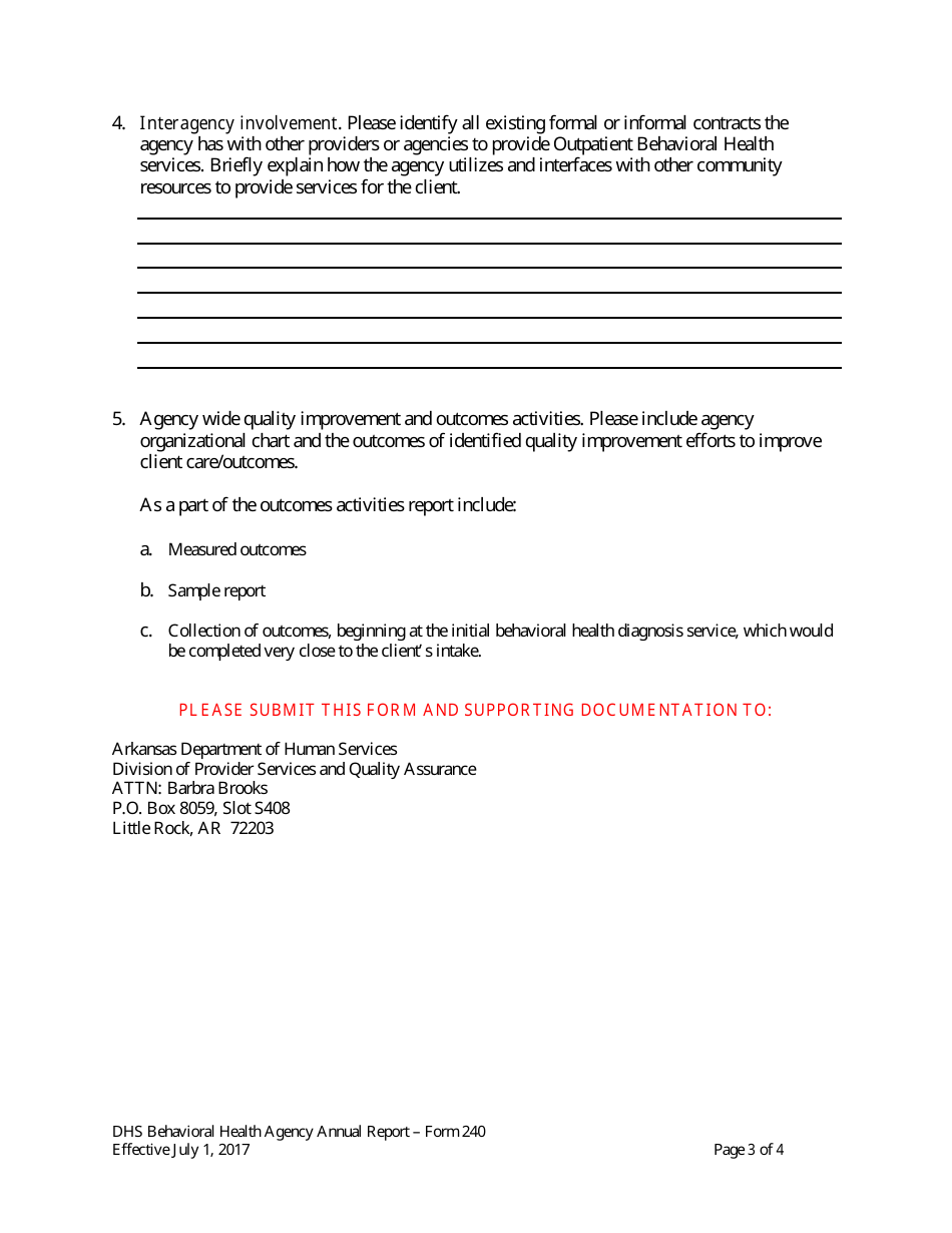 Form 240 Behavioral Health Agency Annual Reporting Form - Arkansas, Page 3