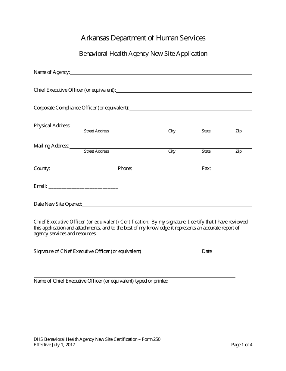 Form 250 Behavioral Health Agency New Site Application - Arkansas, Page 1