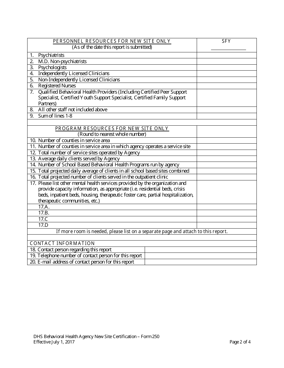 Form 250 Behavioral Health Agency New Site Application - Arkansas, Page 2