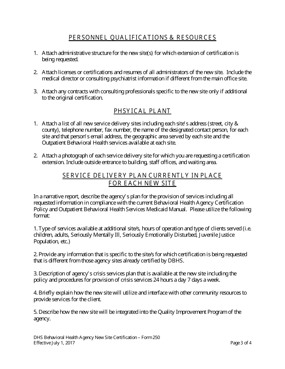 Form 250 Behavioral Health Agency New Site Application - Arkansas, Page 3