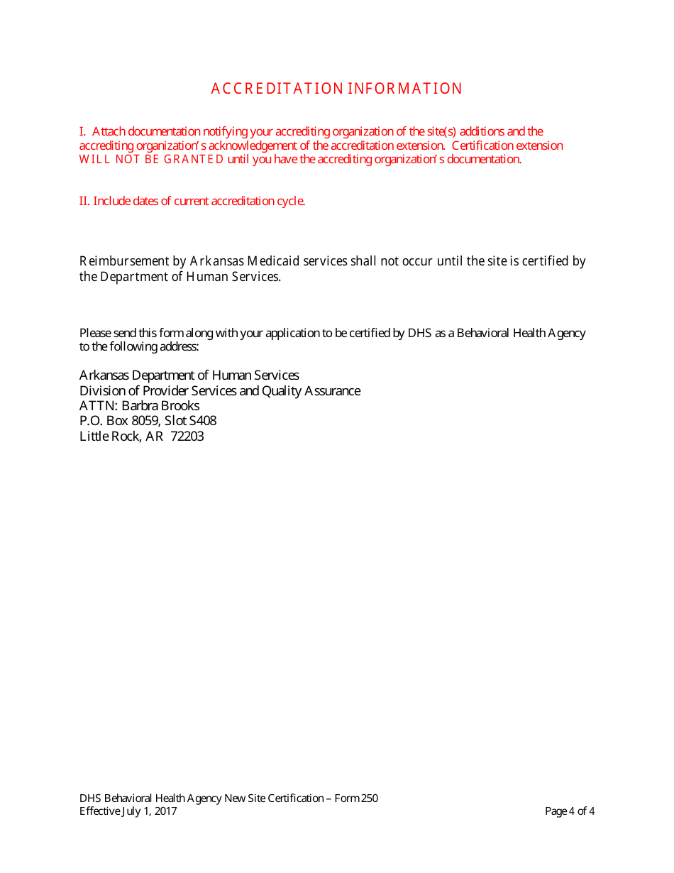 Form 250 Behavioral Health Agency New Site Application - Arkansas, Page 4