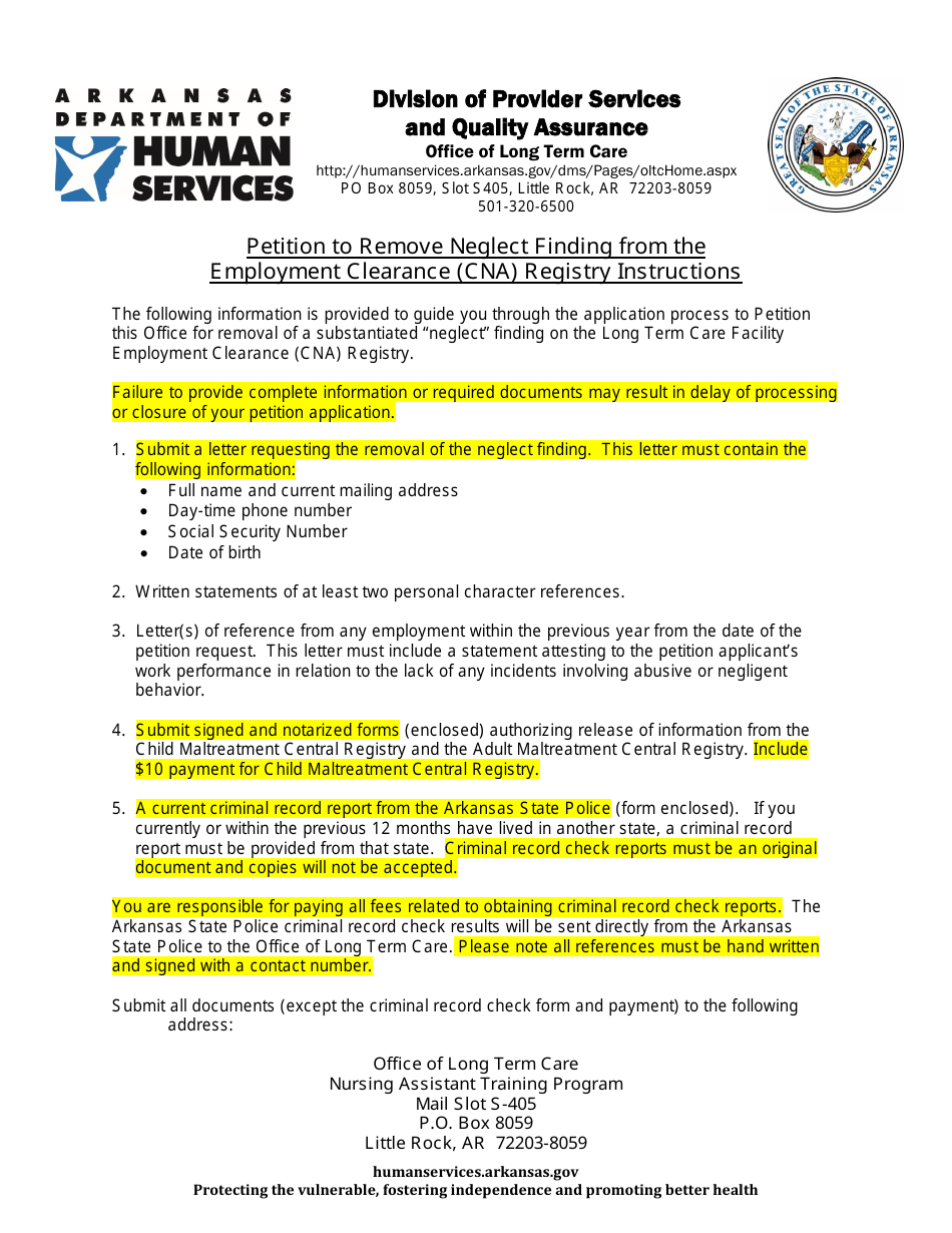 Arkansas Petition to Remove Neglect Finding From the Employment Clearance  (Cna) Registry Download Printable PDF | Templateroller