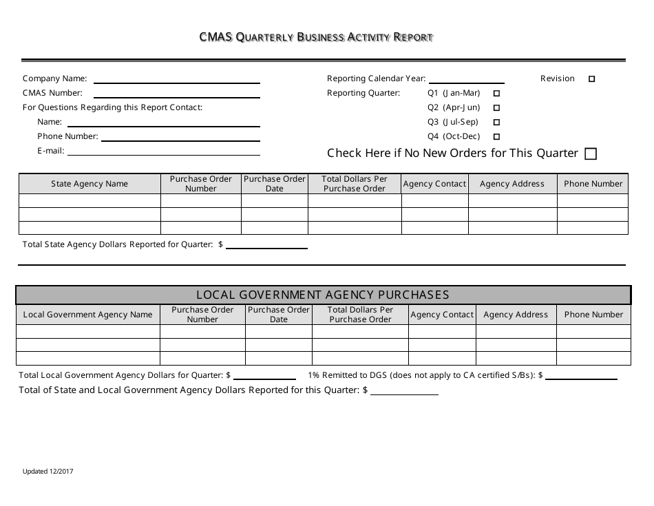 Cmas Quarterly Business Activity Report Form - California, Page 1