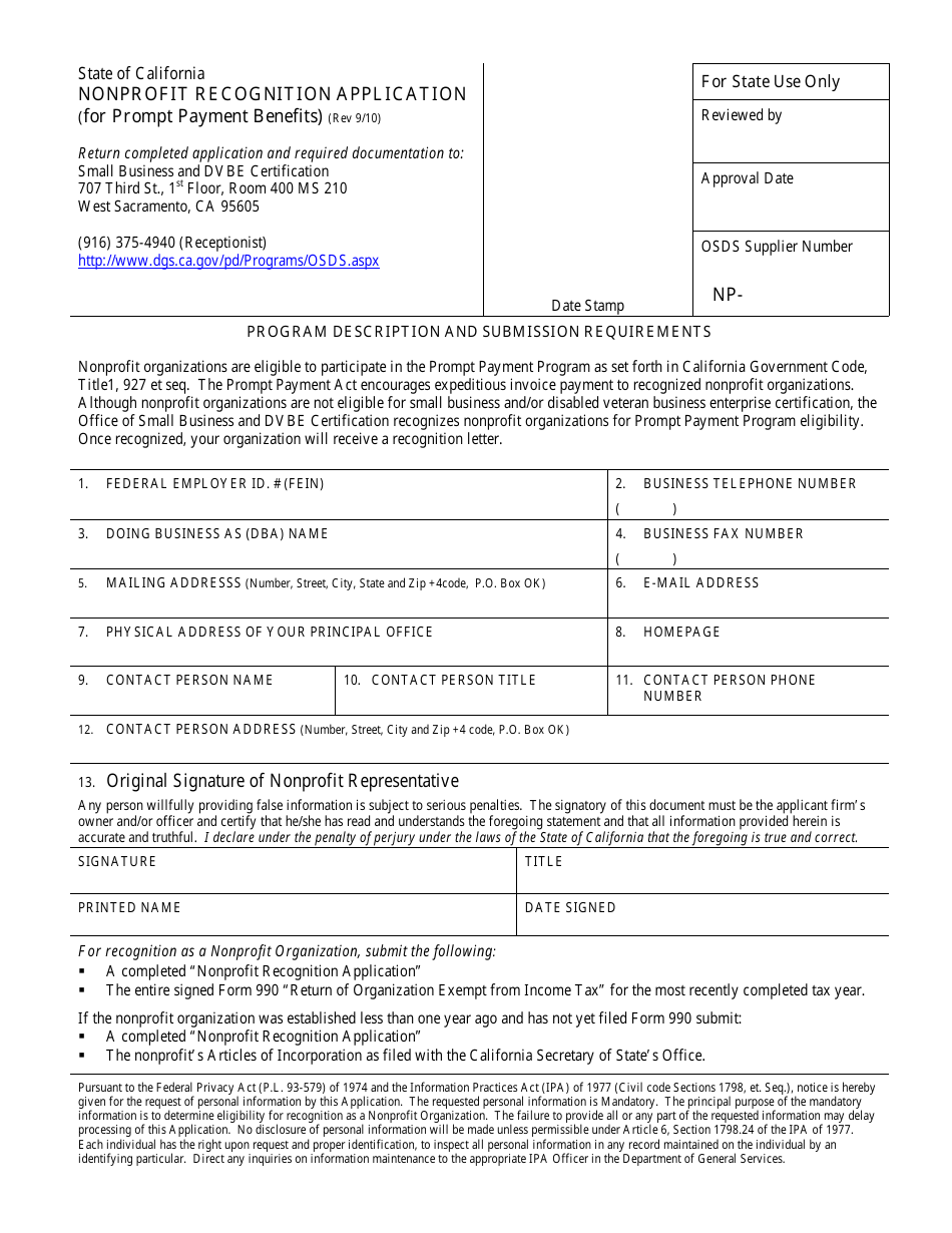 Nonprofit Recognition Application (For Prompt Payment Benefits) - California, Page 1