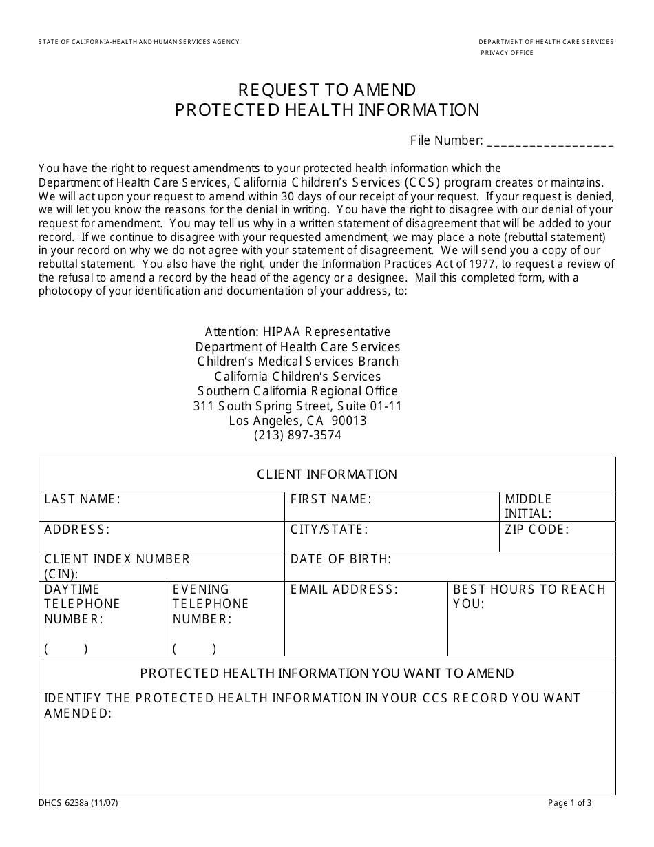 Form DHCS6238A Request to Amend Protected Health Information (Southern California Regional Office) - City of Los Angeles, California, Page 1
