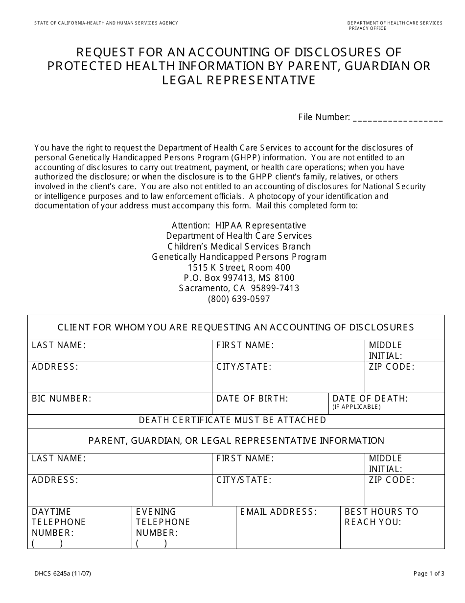 Form DHCS6245A Download Fillable PDF or Fill Online Request for an ...