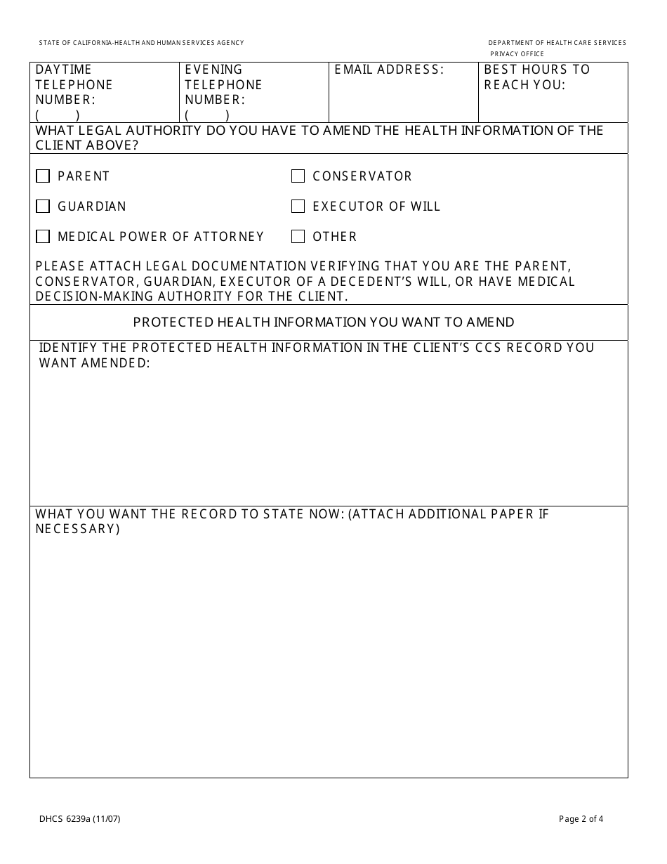 Form DHCS6239A Request to Amend Protected Health Information by Parent, Guardian or Legal Representative (Sacramento Regional Office) - City of Sacramento, California, Page 2
