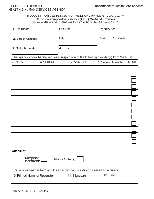 Form DHCS9094  Printable Pdf