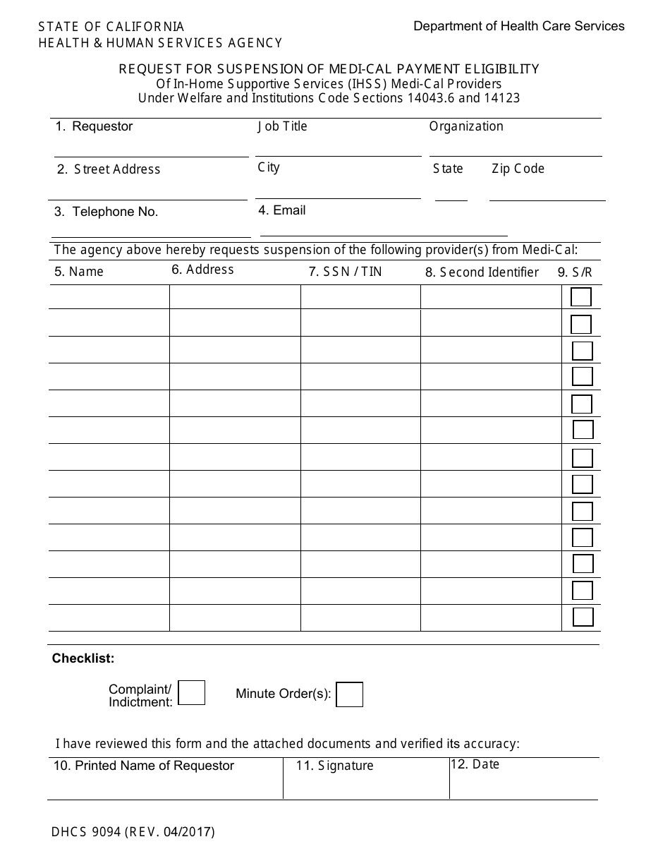 Form DHCS9094 - Fill Out, Sign Online and Download Fillable PDF ...